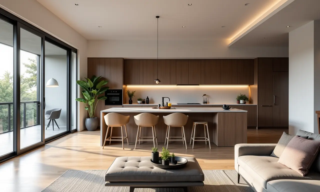 Cozinha e sala de estar integradas em um guia prático de design de interiores.