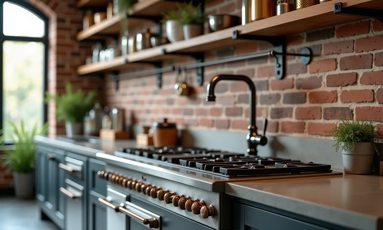 Cozinha industrial com detalhes retrô dos puxadores concha.