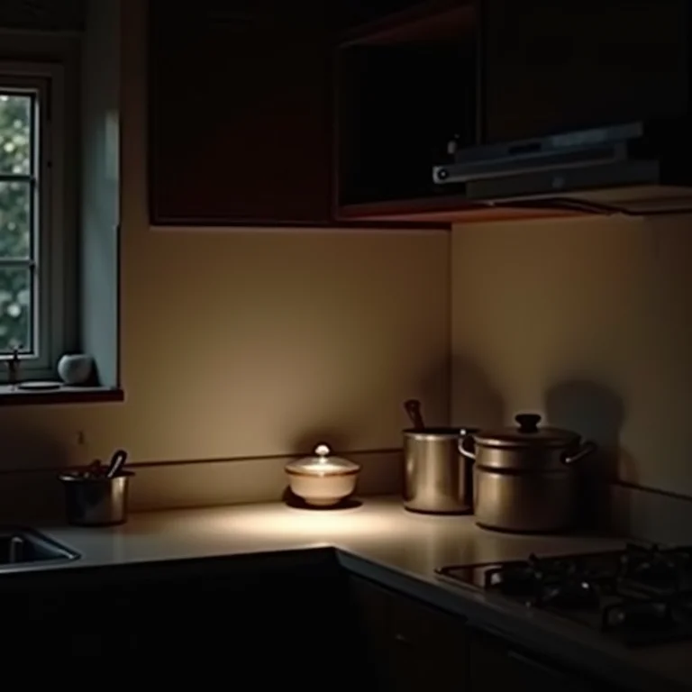 Cozinha mal iluminada com cantos escuros e bancada de aparência barata.