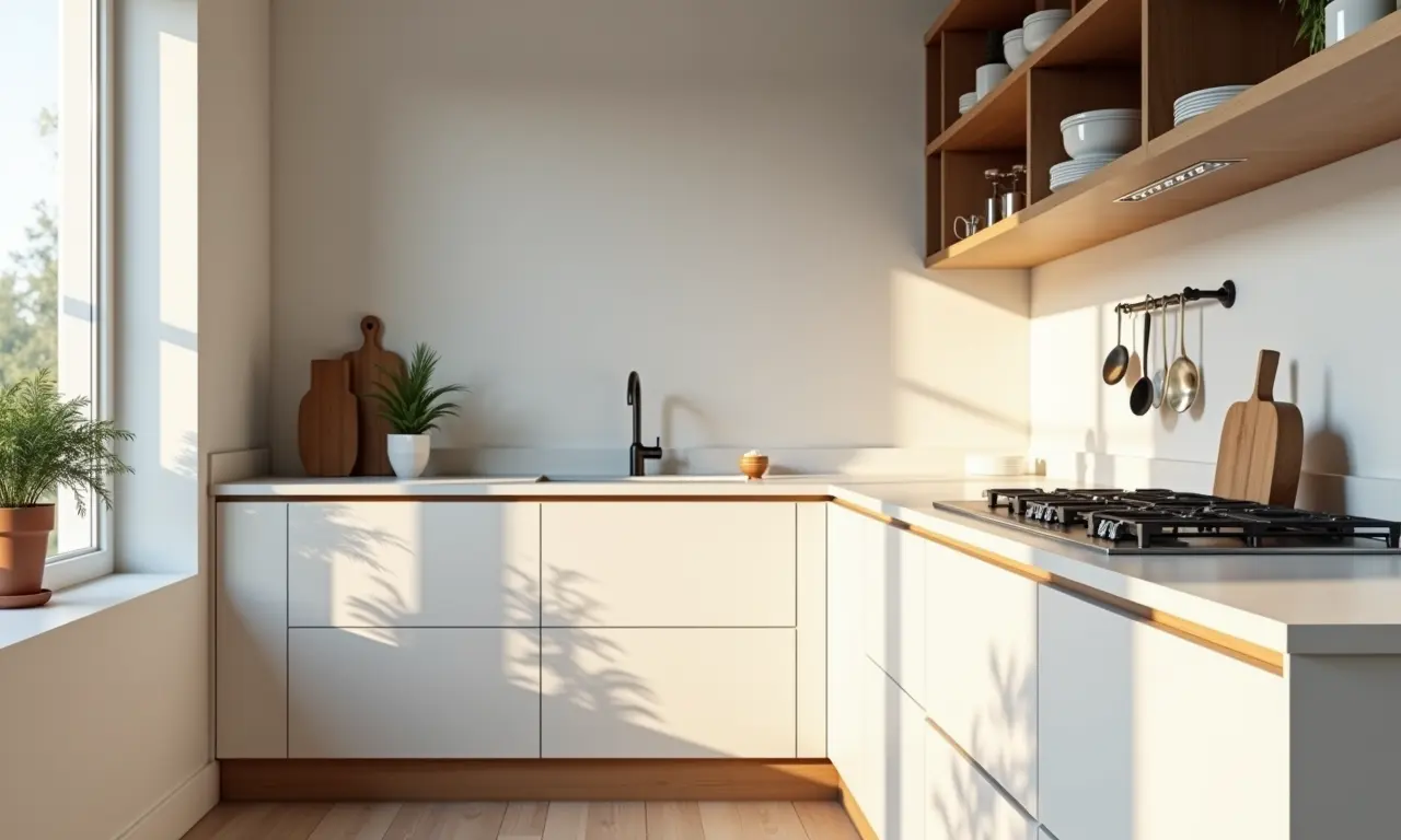 Cozinha minimalista com bancadas limpas e detalhes em madeira.