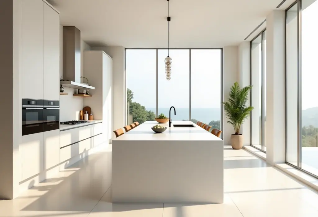 Cozinha moderna com bancada americana e iluminação natural