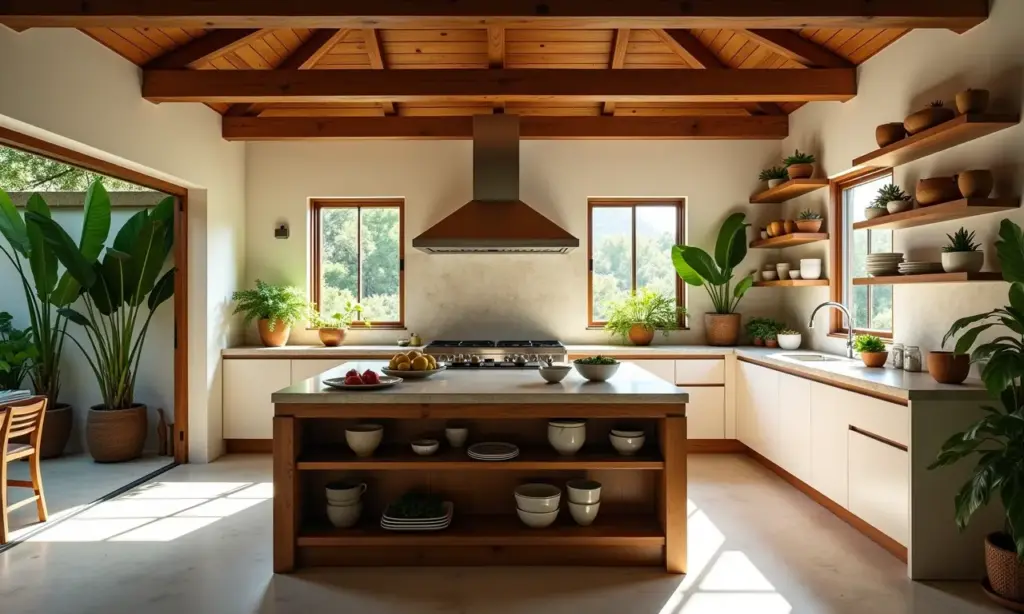 Cozinha moderna com ilha central, decoração brasileira vibrante e iluminação natural.