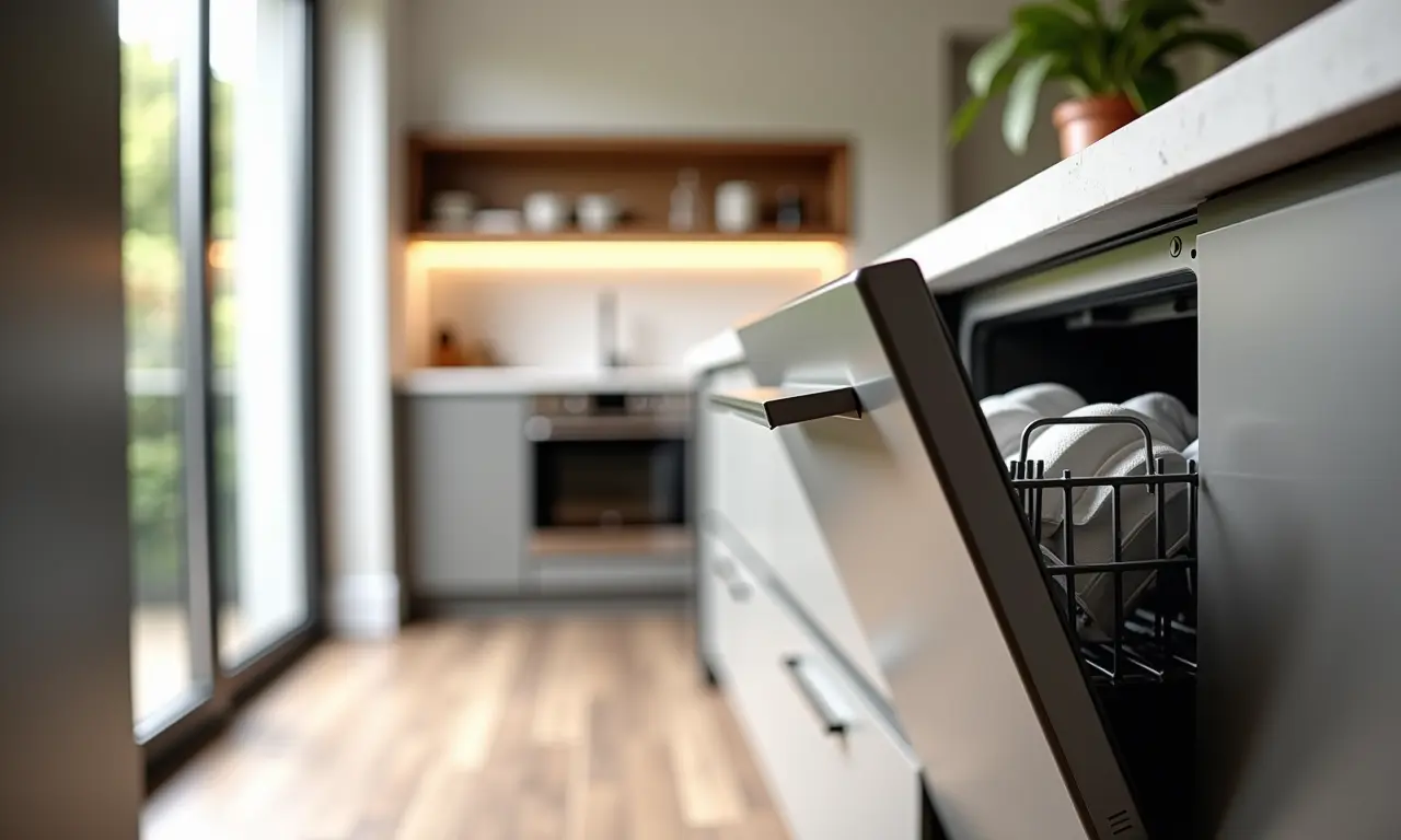 Cozinha moderna com lava-louças embutida, valorizando o design do imóvel.