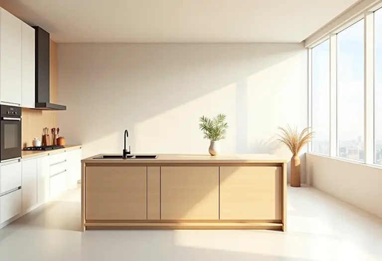 Cozinha moderna e iluminada com bancada americana de madeira clara