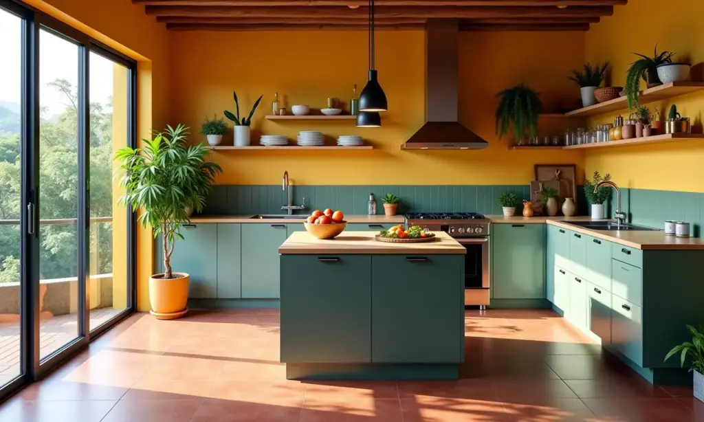 Cozinha com Ilha Pequena: Uma Solução Para Pouco Espaço Cozinha pequena com ilha central, estilo brasileiro, cores vibrantes e iluminação natural.