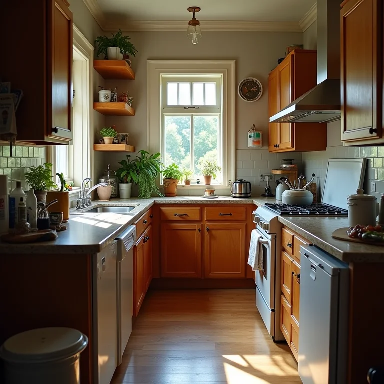 Cozinha pequena e apertada com balcão desordenado e armários desproporcionais.