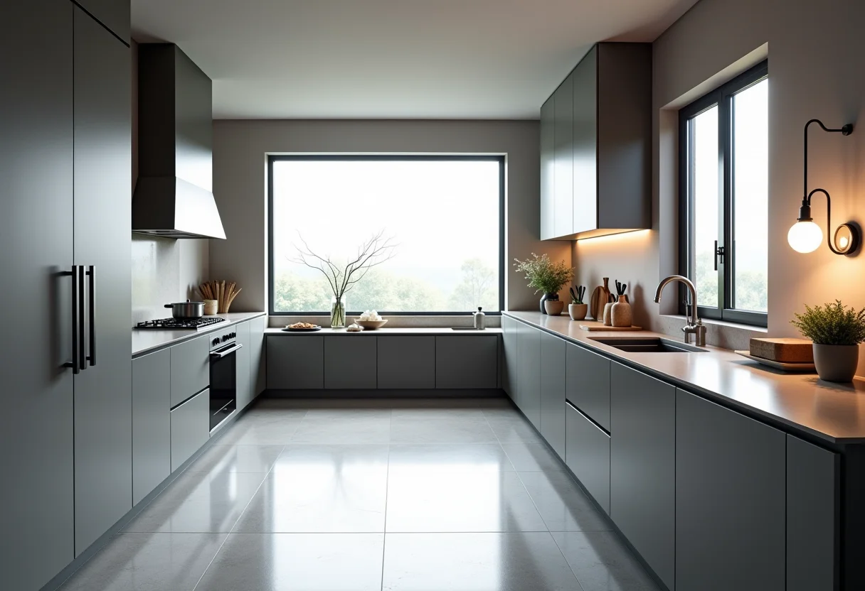 Cozinha planejada cinza com iluminação natural e design minimalista