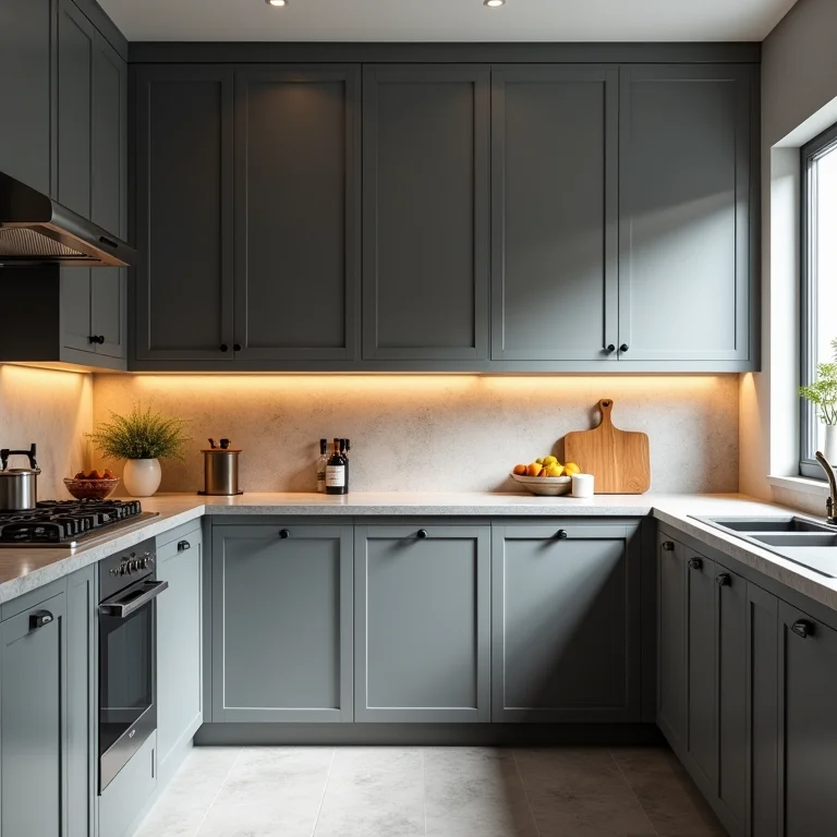 Cozinha planejada cinza em espaço pequeno com armários desproporcionais