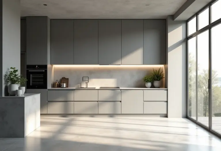 Cozinha planejada cinza moderna com ilha central e armários minimalistas.