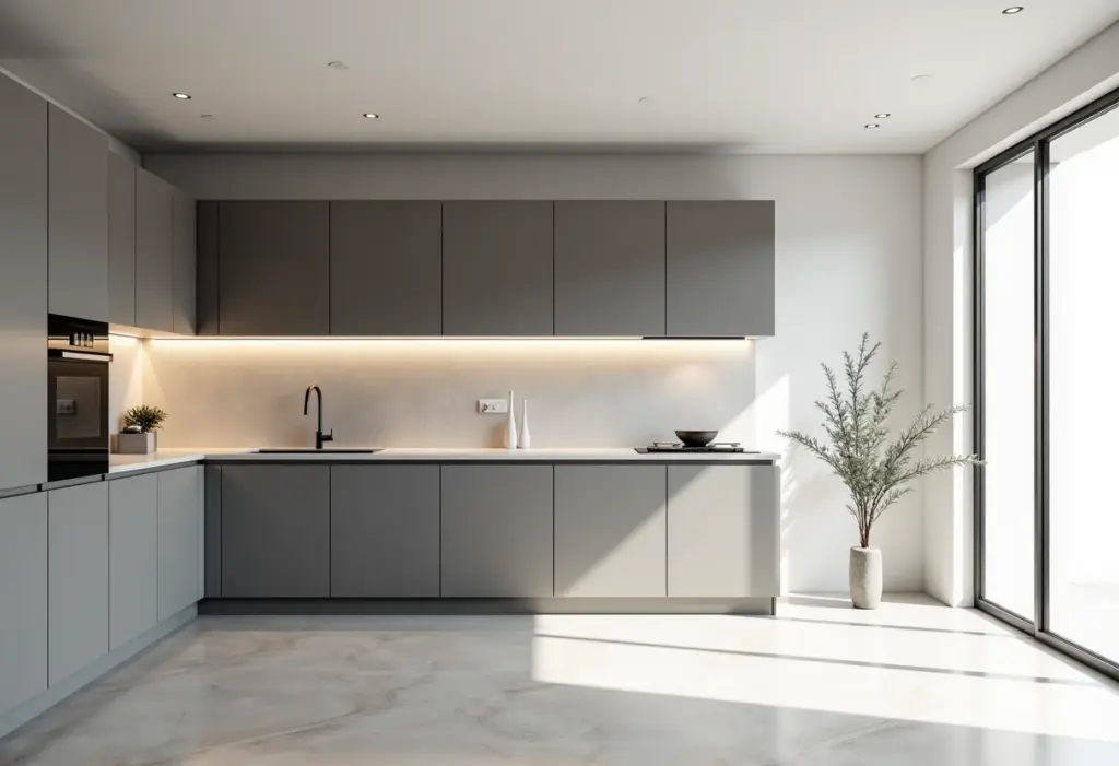 Cozinha planejada moderna com armários cinza e iluminação natural