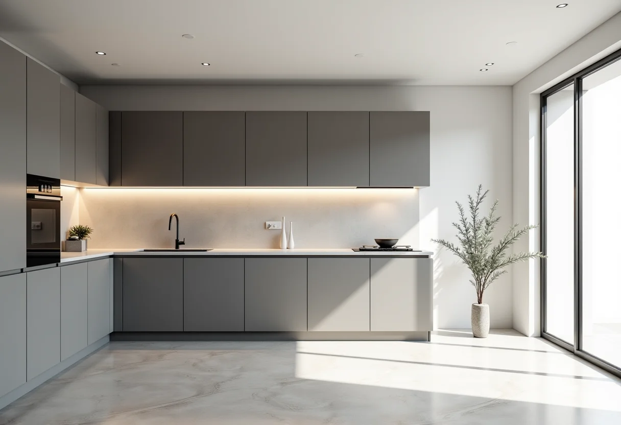 Cozinha planejada moderna com armários cinza e iluminação natural