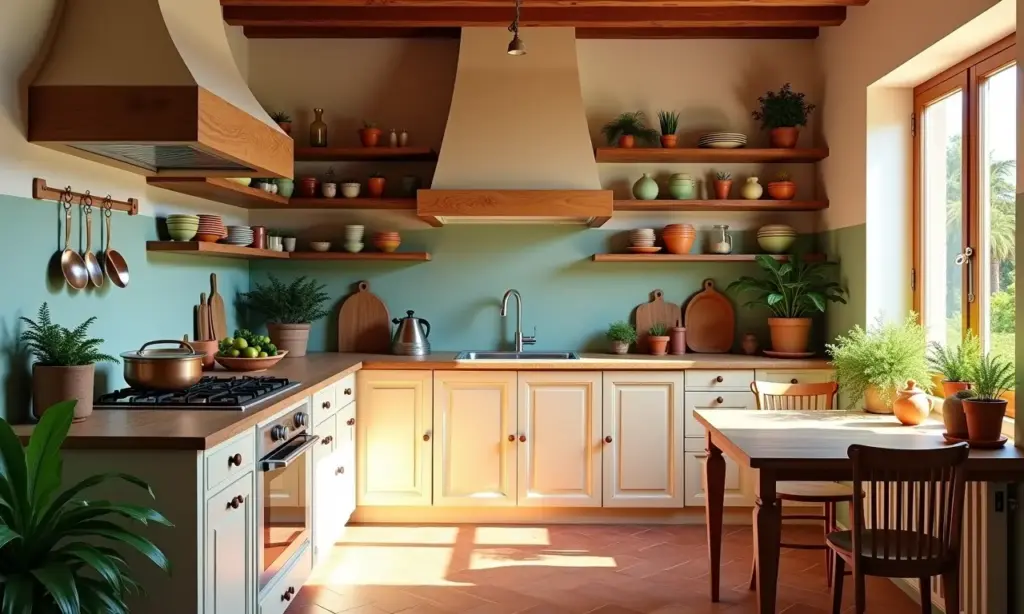 Cozinha provençal brasileira com cores claras, madeira rústica e flores frescas.