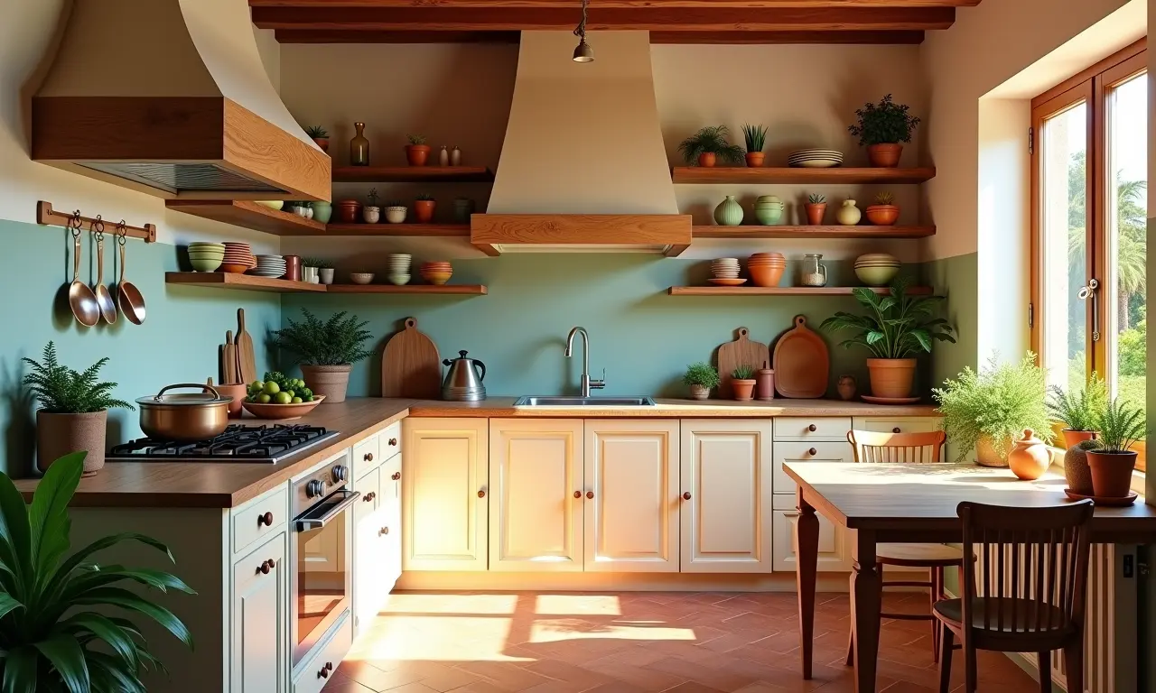 Cozinha provençal brasileira com cores claras, madeira rústica e flores frescas.