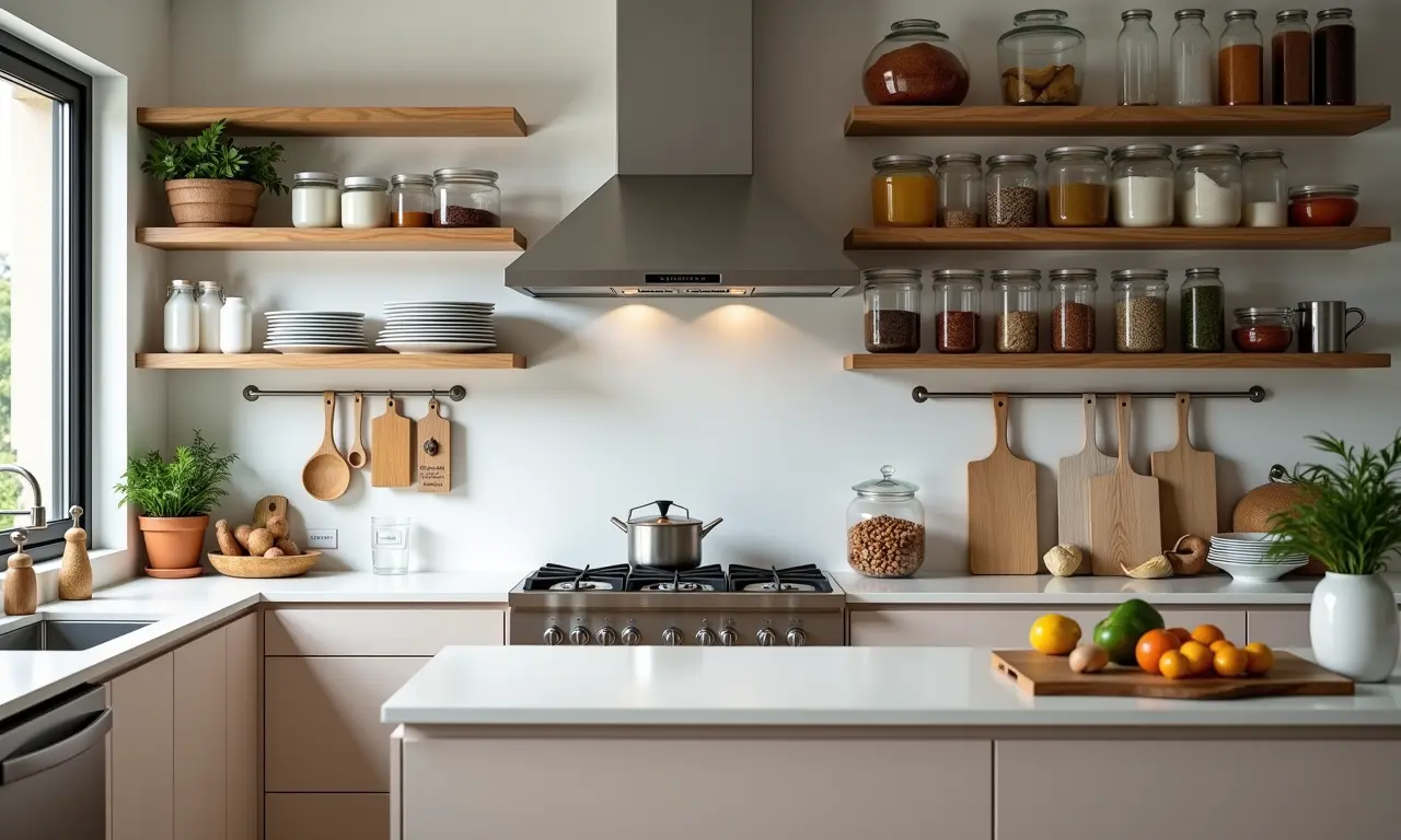 Cozinha provençal organizada com prateleiras e potes etiquetados.