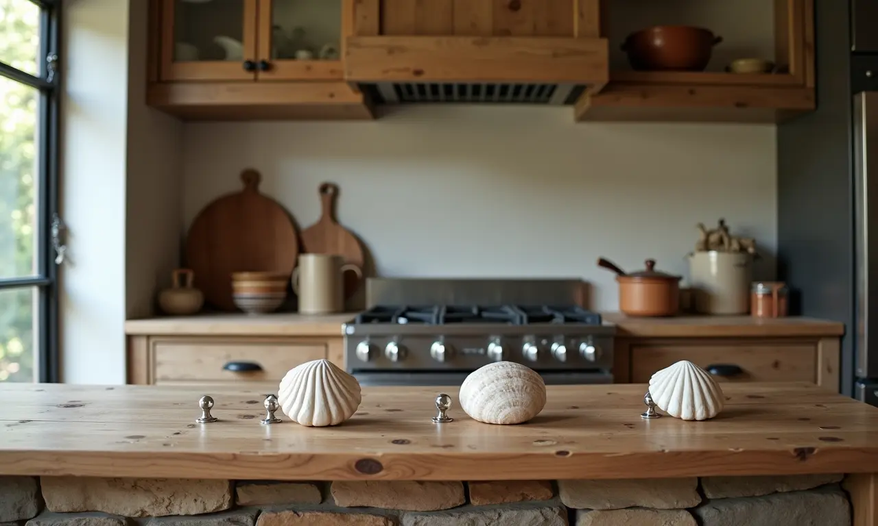 Cozinha rústica com charme vintage dos puxadores concha.