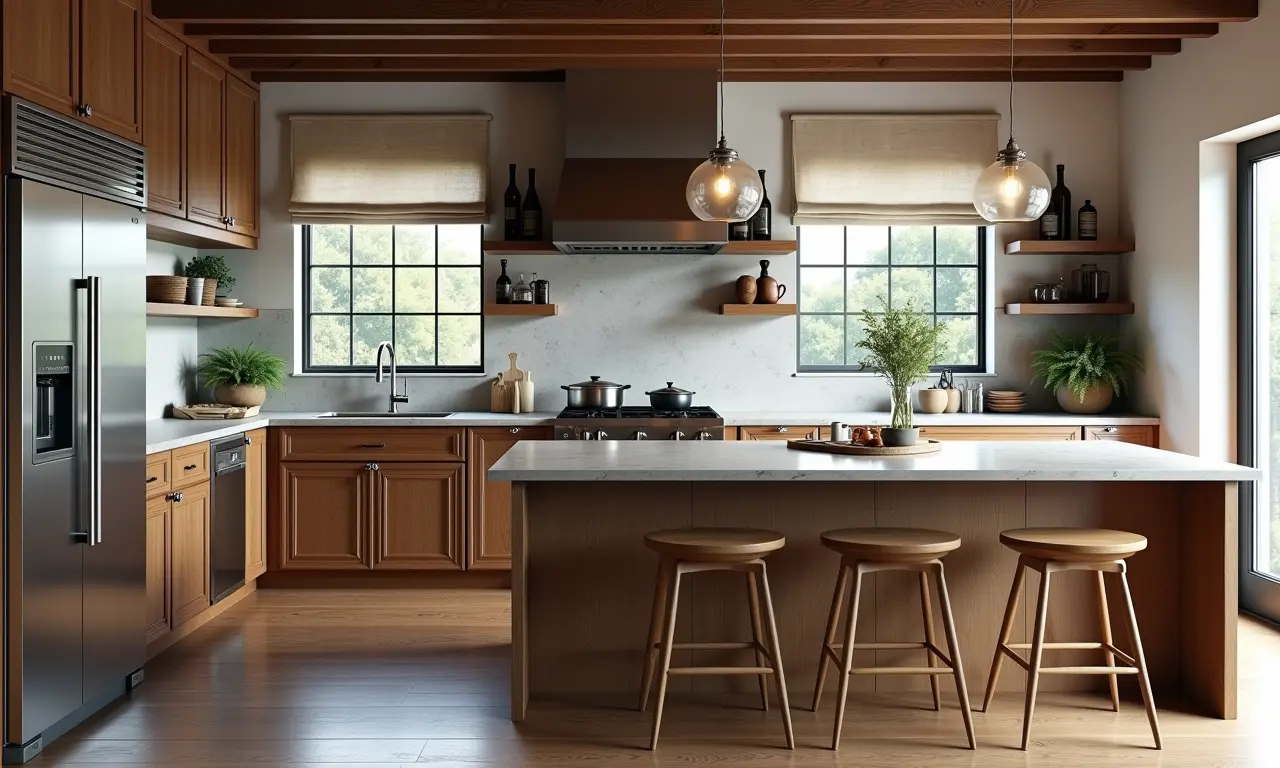 Cozinha rústica moderna com eletrodomésticos de inox e armários de madeira, misturando o antigo e o novo.