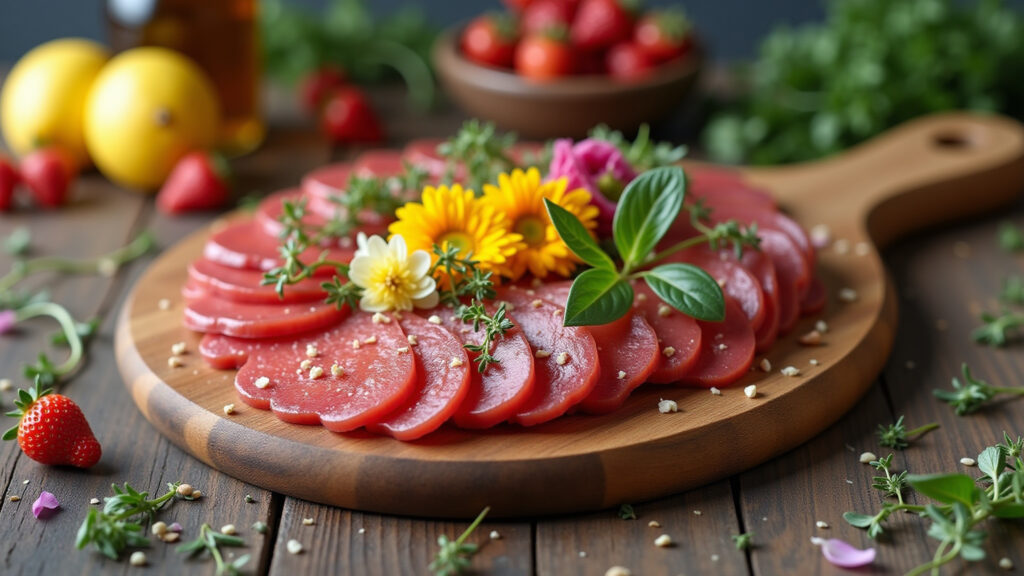 Mesa de espetinhos decorada com criatividade e flores.