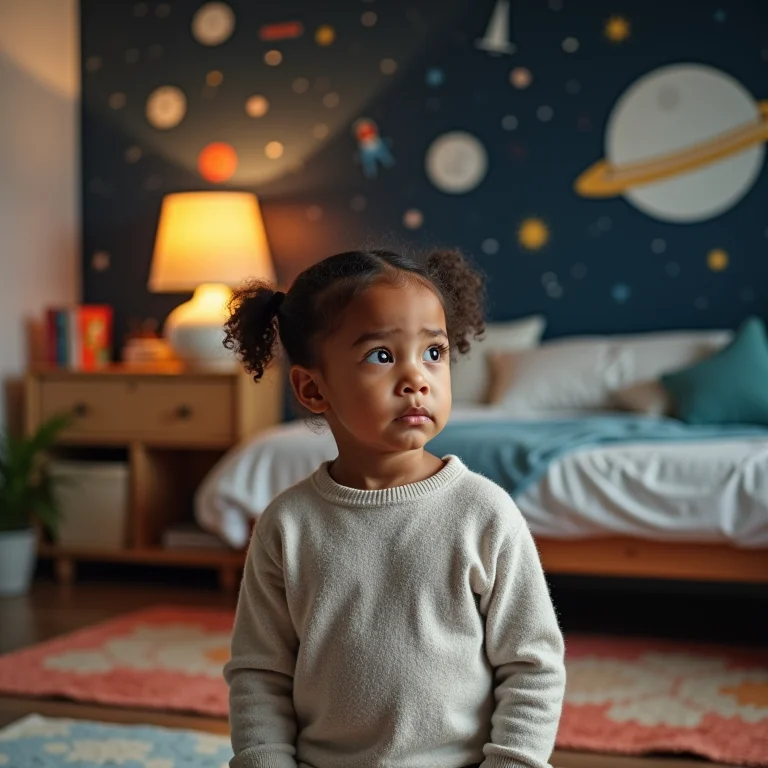 Criança infeliz em um quarto com tema que não gosta