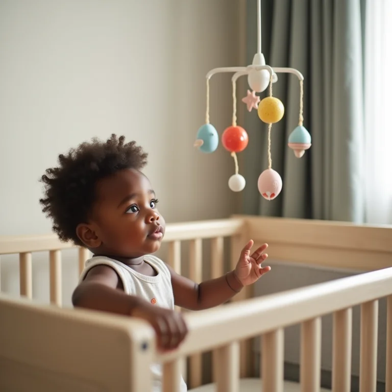 Criança observando um móbile espacial.