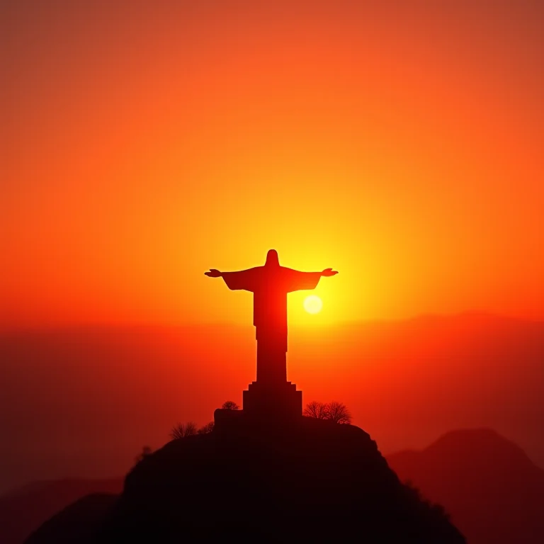 Cristo Redentor contra o céu alaranjado do amanhecer no Rio de Janeiro