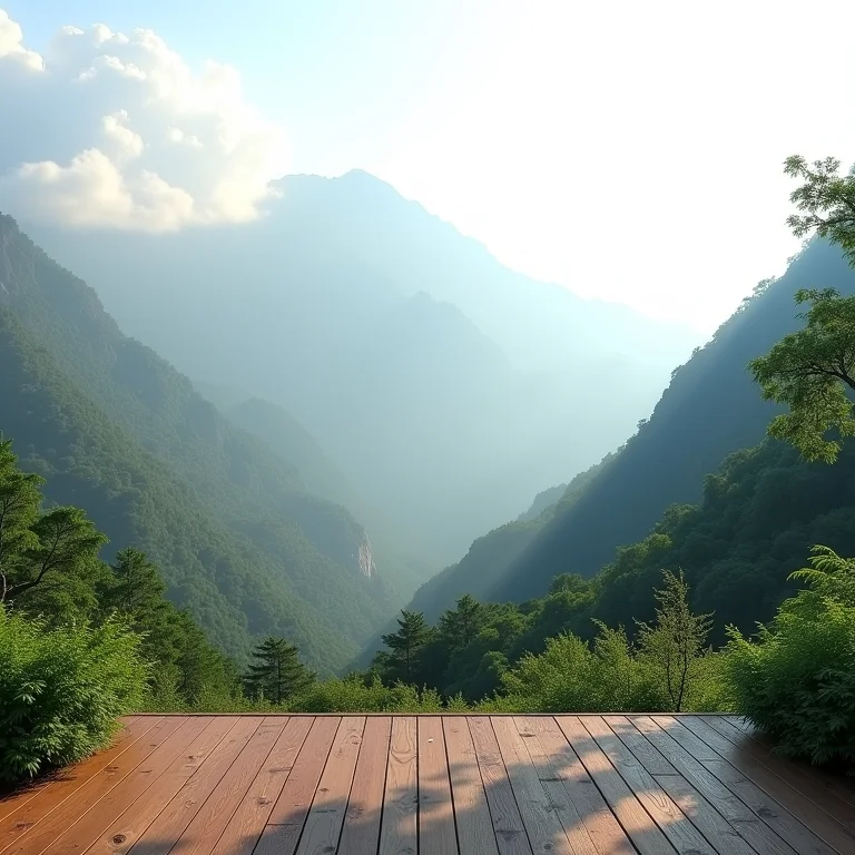 Deck de madeira com vista para montanhas e vegetação