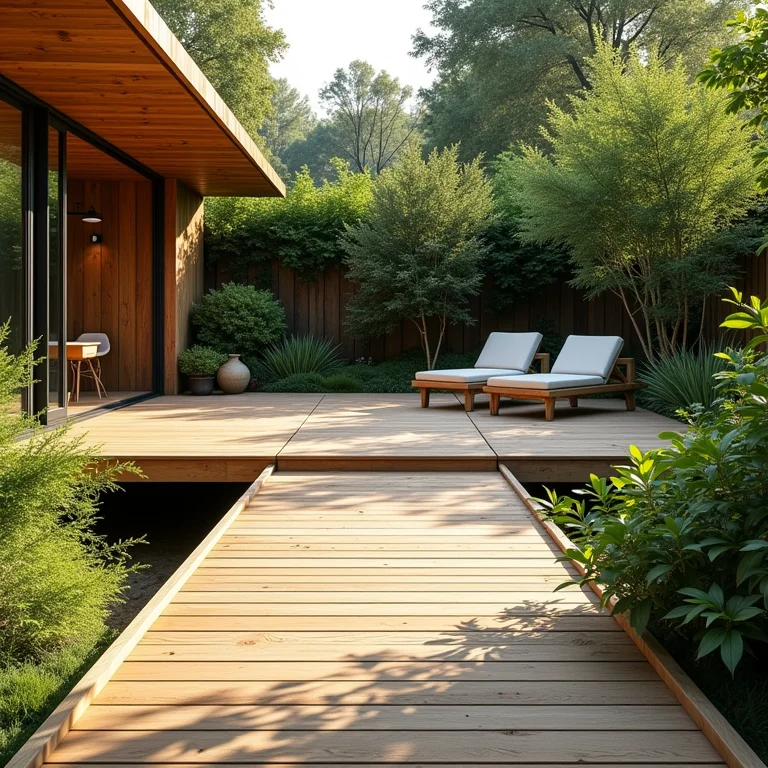 Deck de madeira confortável e seguro em área externa.