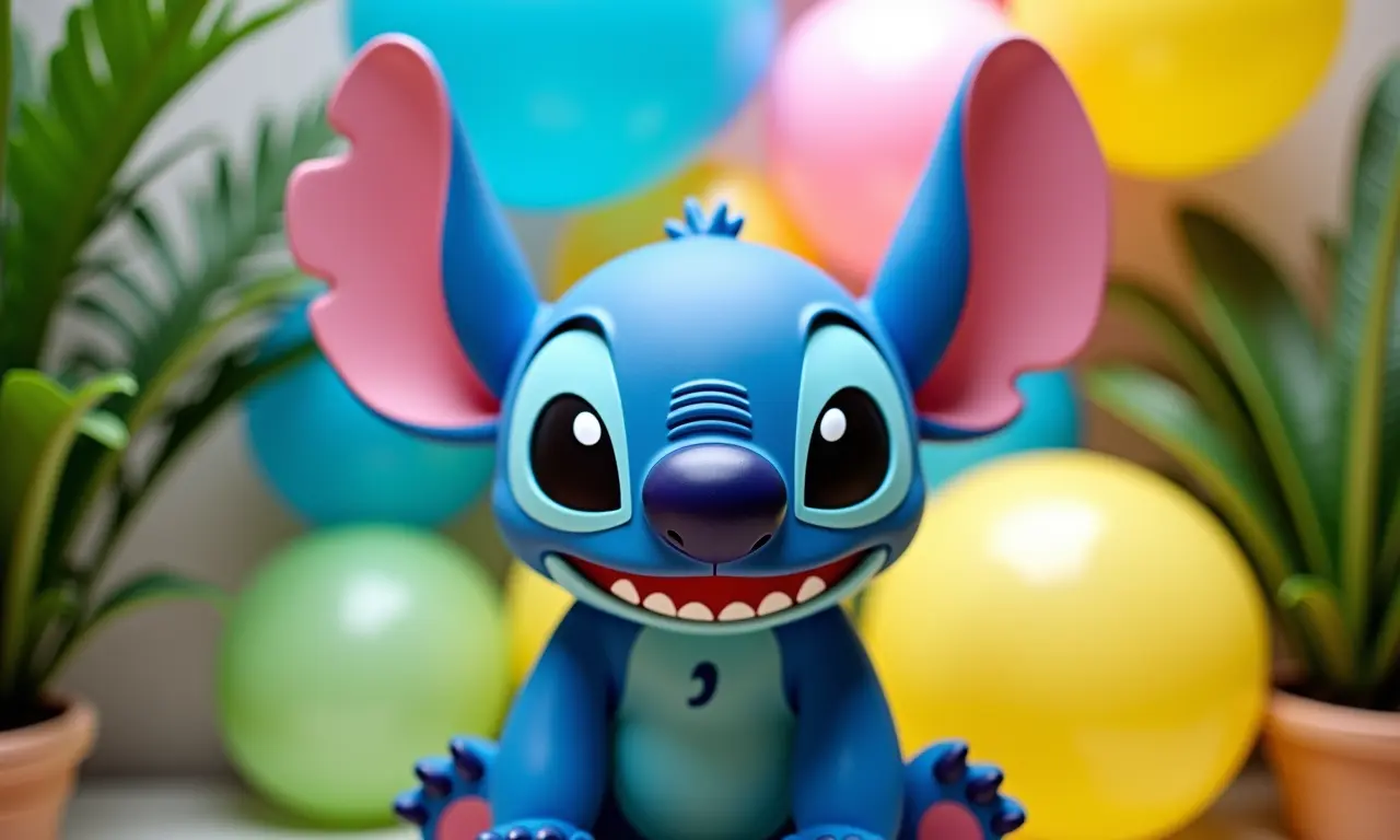 Decoração com balões temáticos do Stitch para uma festa divertida.