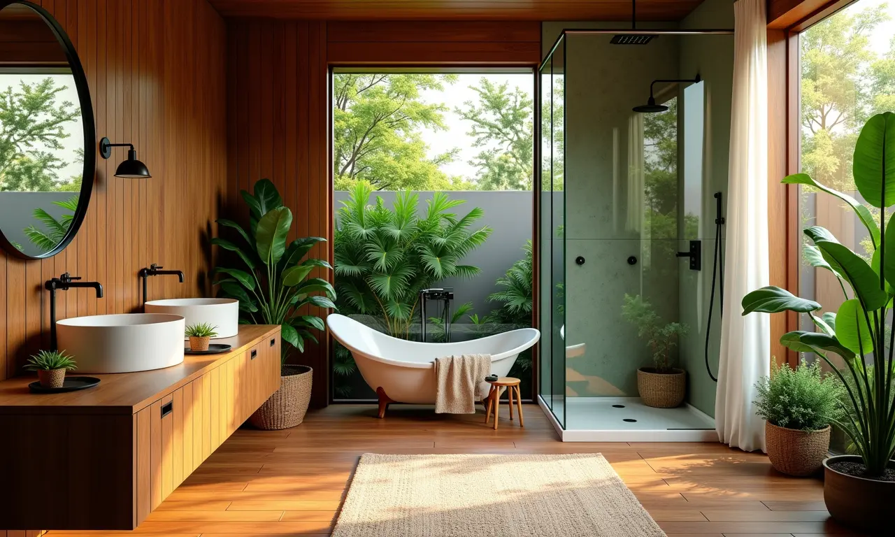 Decoração de banheiro com box até o teto e elementos brasileiros.