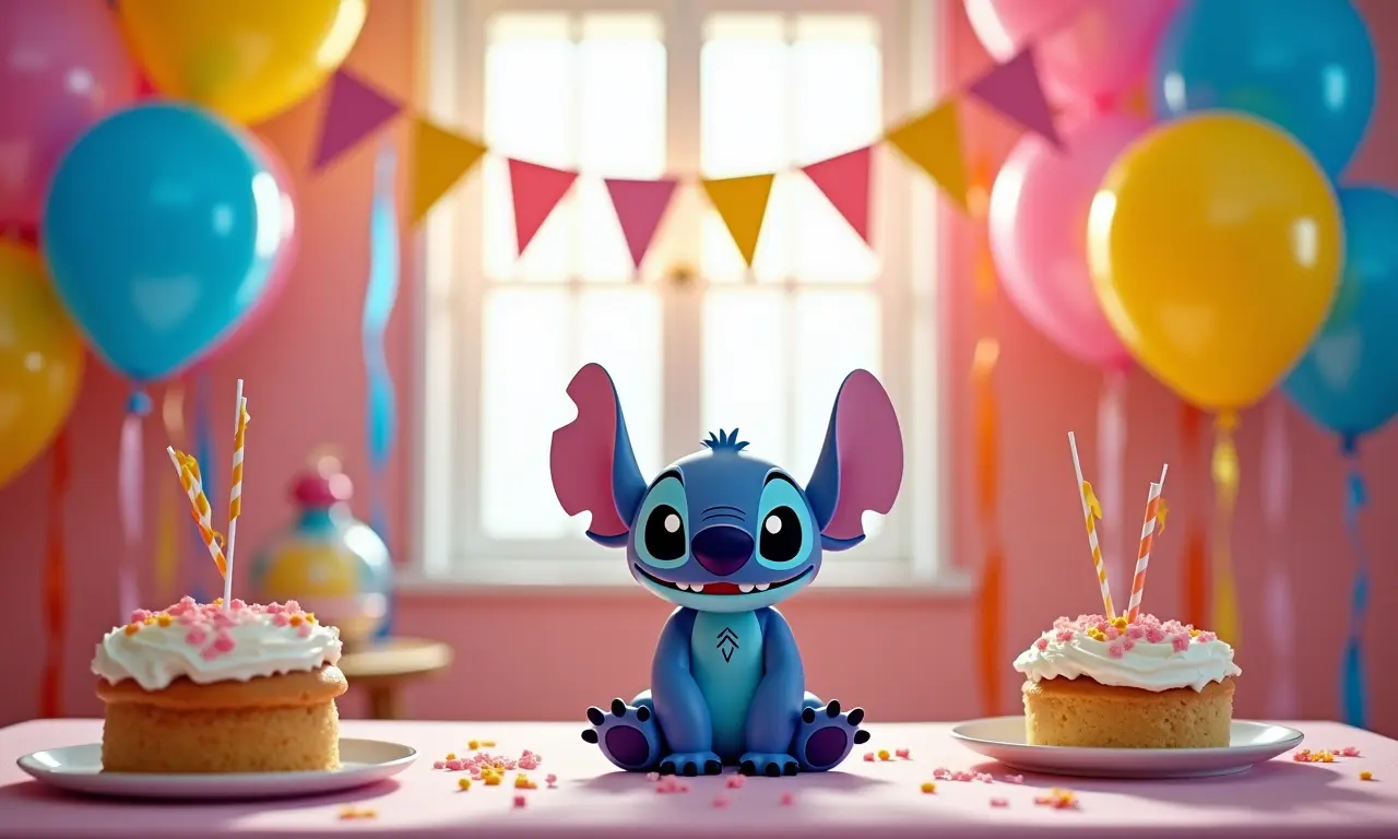 Decoração de festa do Stitch com cores vibrantes e alegres.