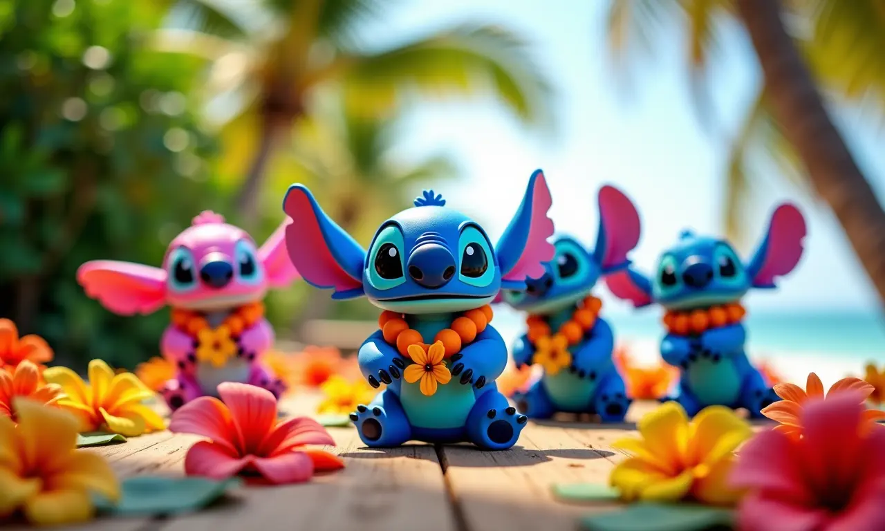 Decoração de festa do Stitch com elementos havaianos.