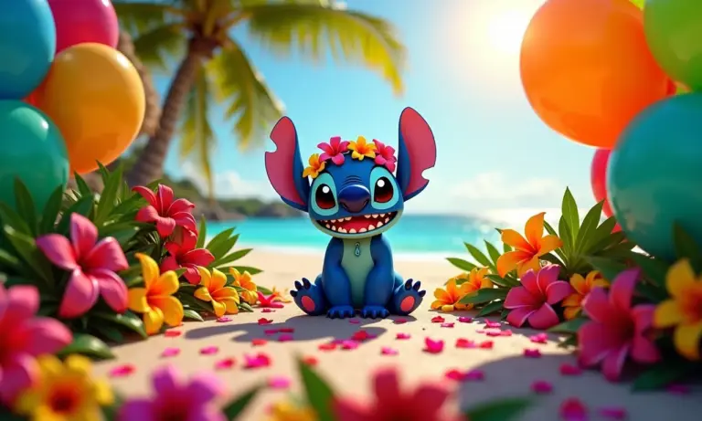 Decoração de festa temática do Stitch com cores vibrantes e elementos havaianos.