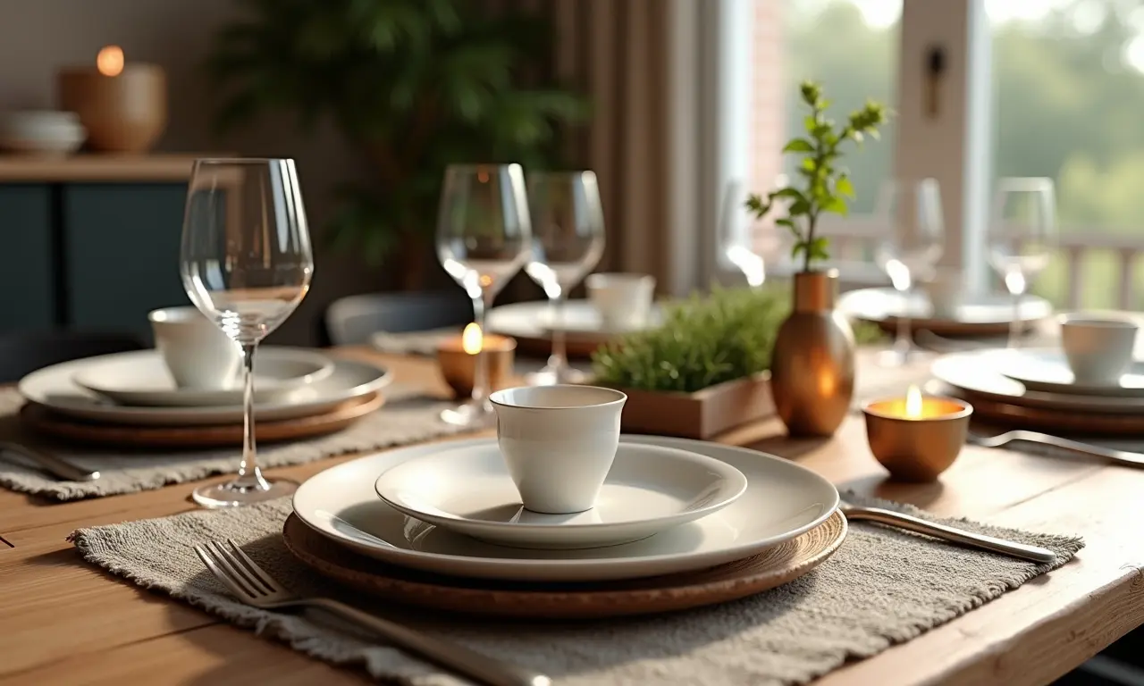 Decoração de mesa natalina simples e elegante com elementos naturais.