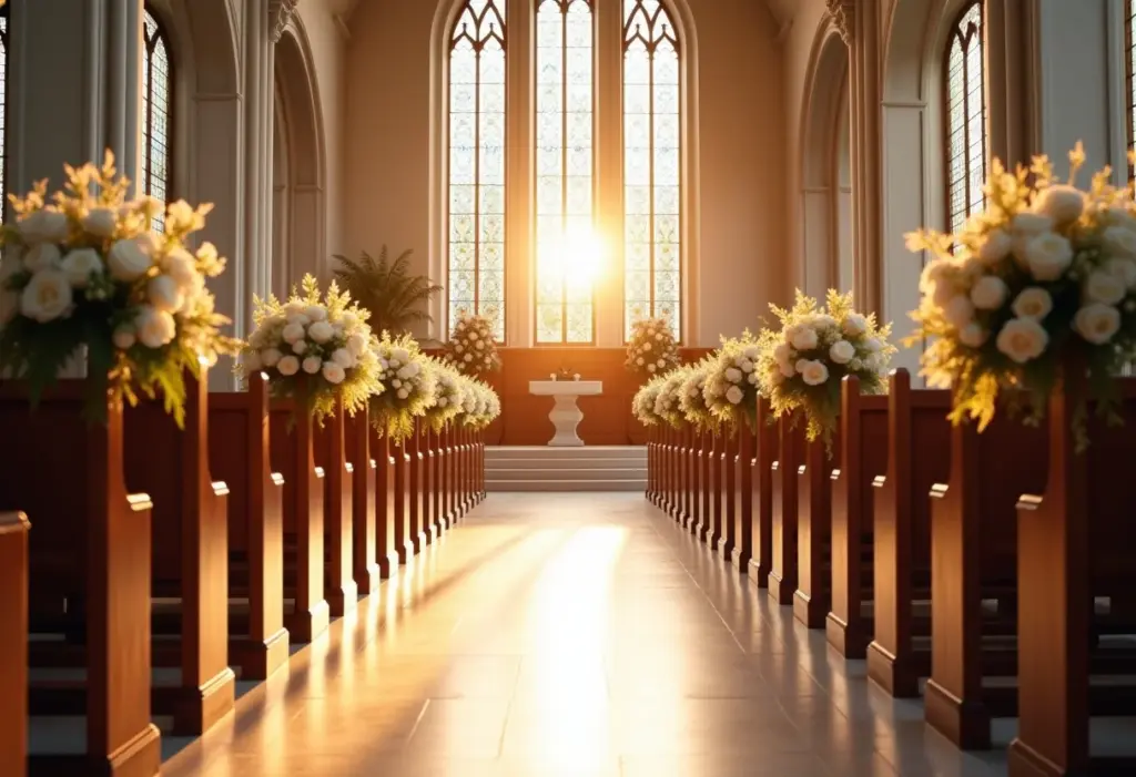Decoração elegante de casamento em igreja com flores brancas e luz natural