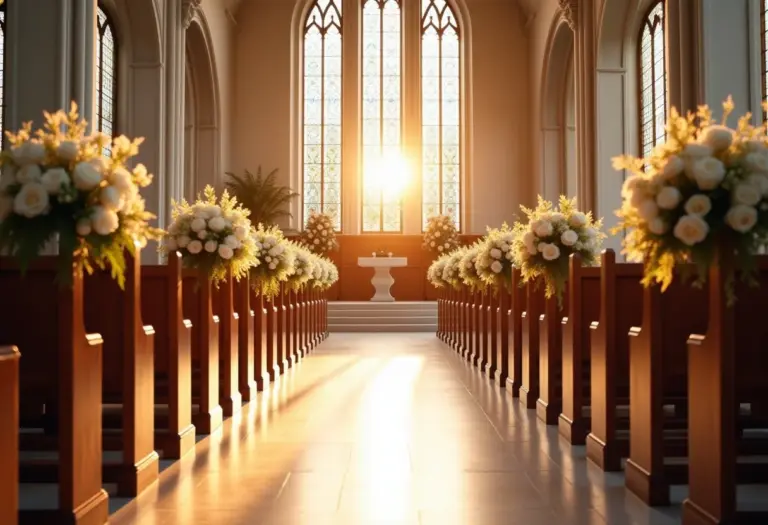 Decoração elegante de casamento em igreja com flores brancas e luz natural
