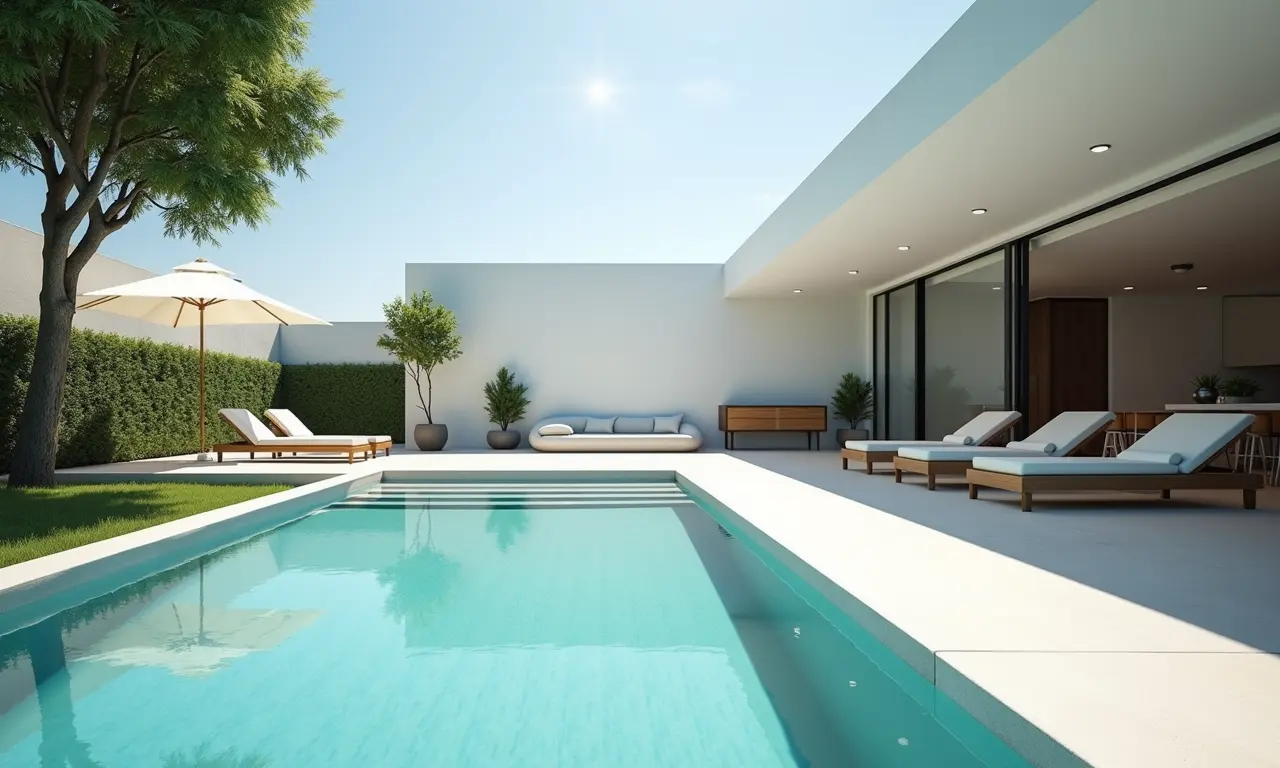 Decoração minimalista e elegante para piscina.