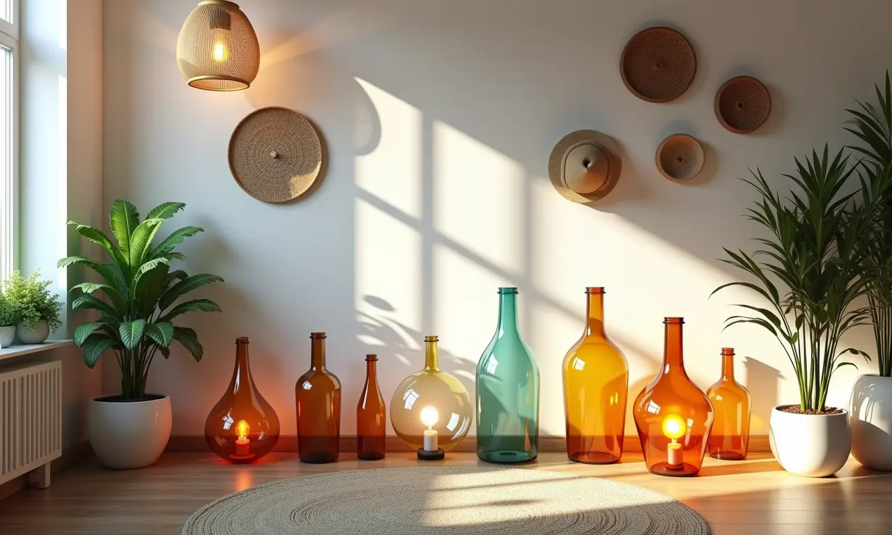 Decoração sustentável com garrafas PET em um lar brasileiro vibrante.