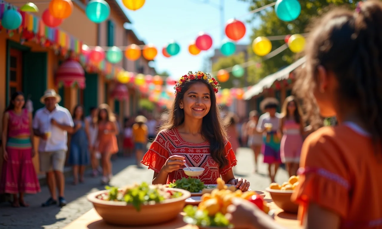 Decoração vibrante de Festa Junina com bandeirinhas, balões e comidas típicas.