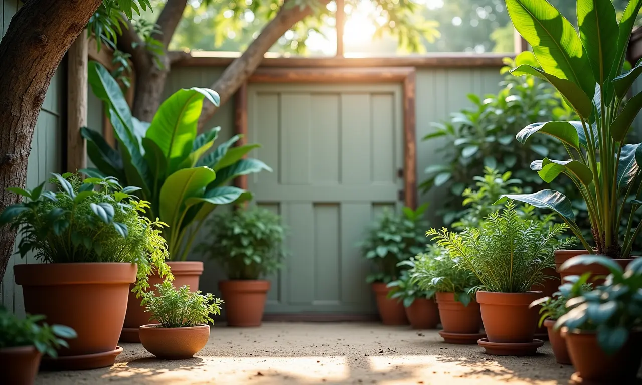 Decorador de cenário usando materiais reciclados e plantas para criar um cenário ecológico.