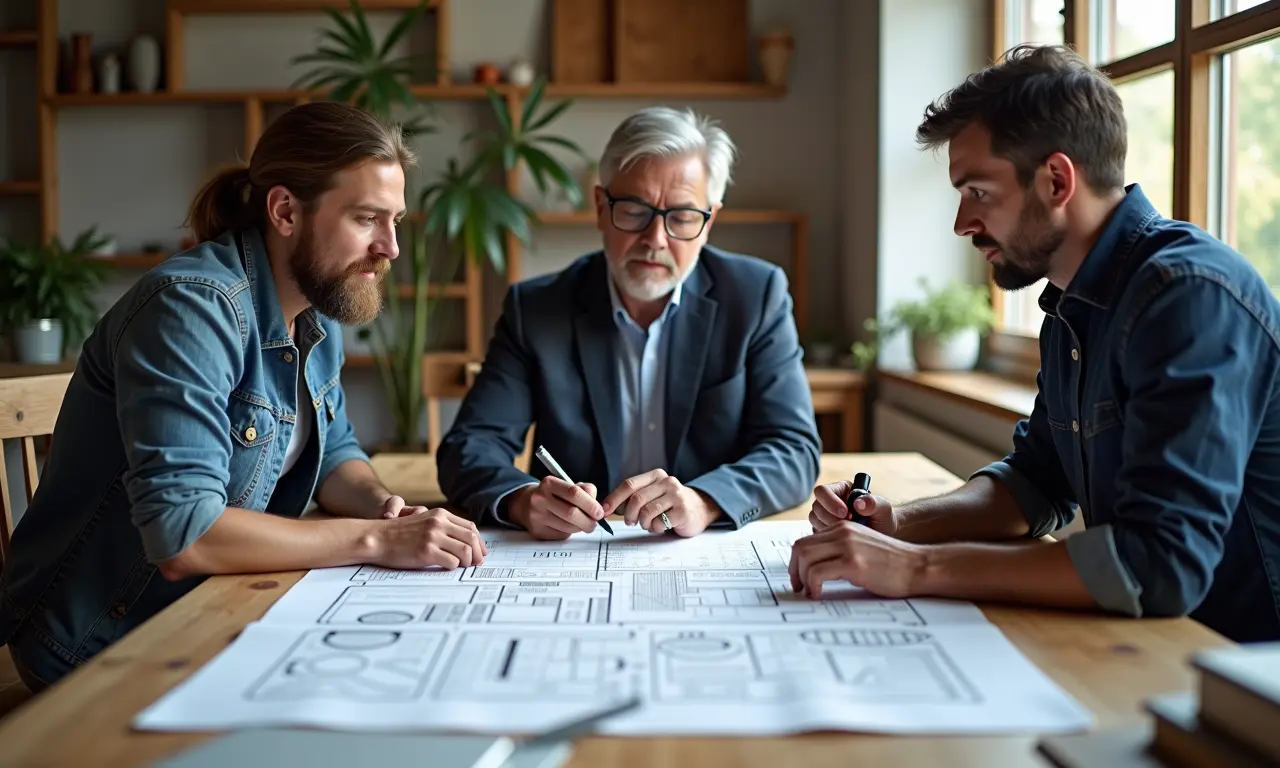 Decoradores e diretor de arte discutindo o design do cenário, com plantas na mesa.
