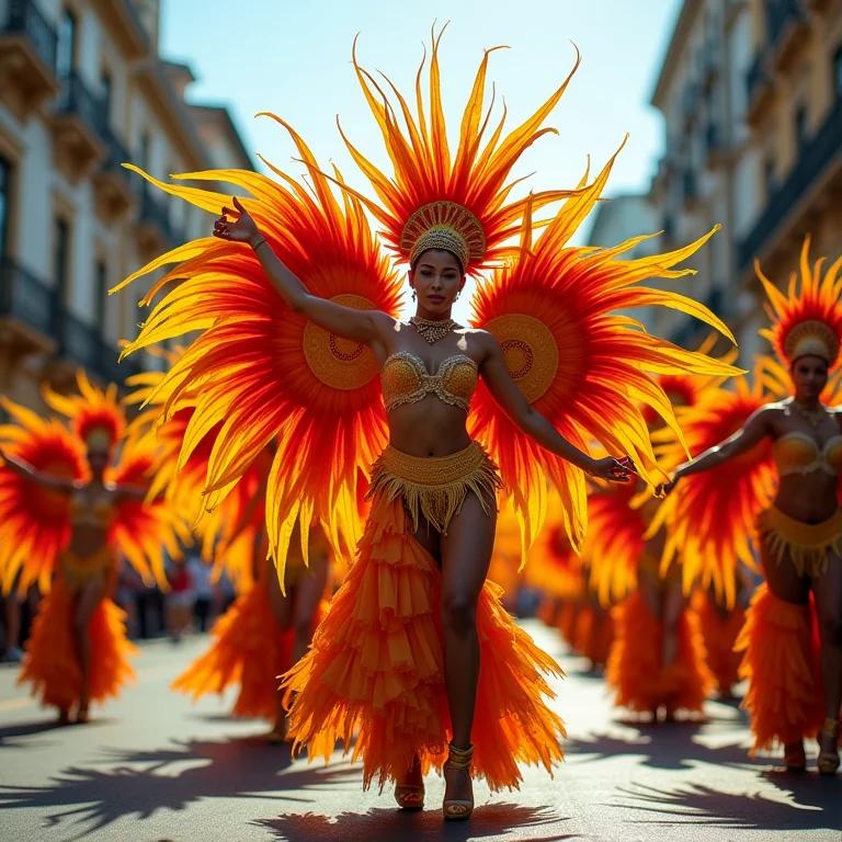 Desfile de escola de samba com fantasias elaboradas e cores vibrantes.