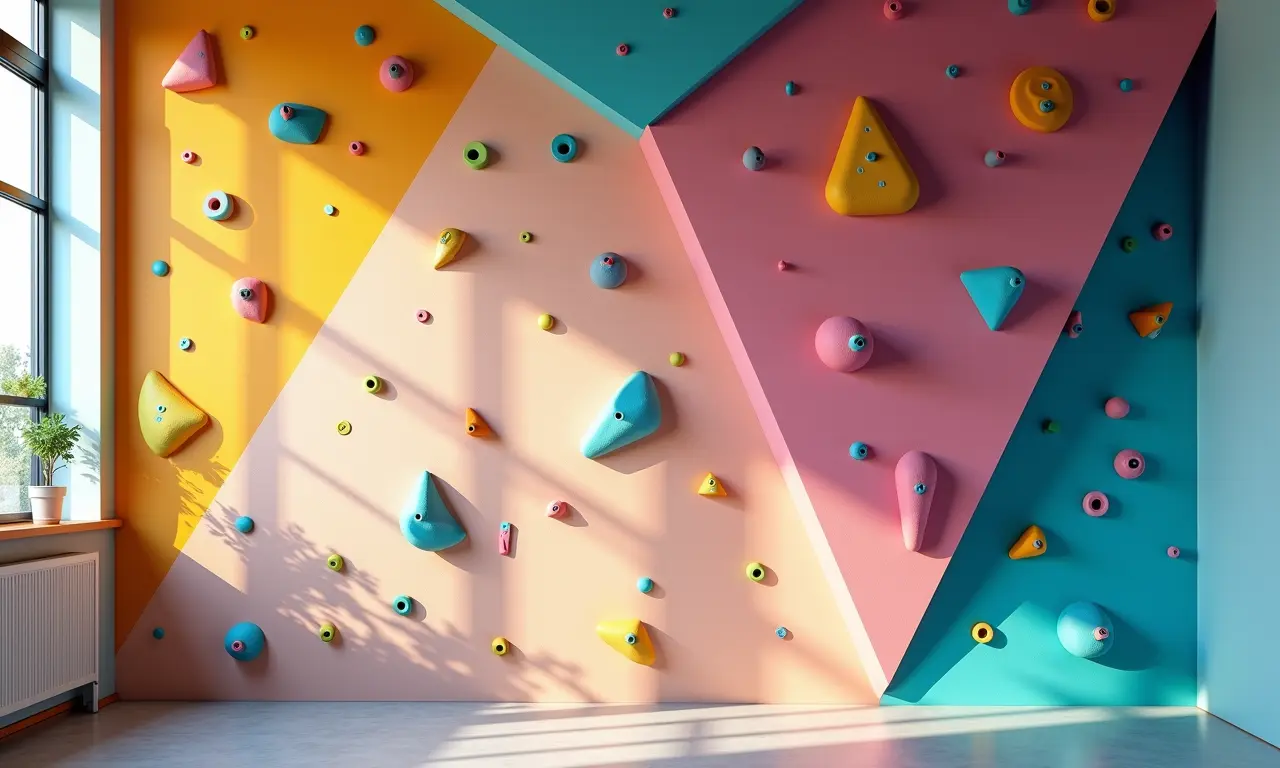 Design colorido e divertido para parede de escalada infantil.