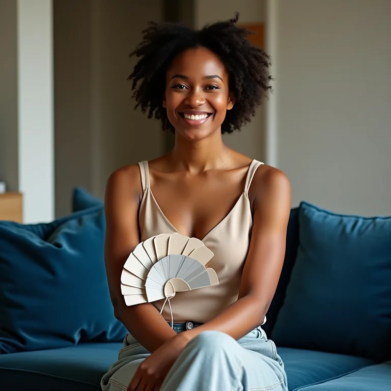 Designer de interiores sorrindo em sala de estar moderna com sofá azul, segurando paleta de cores