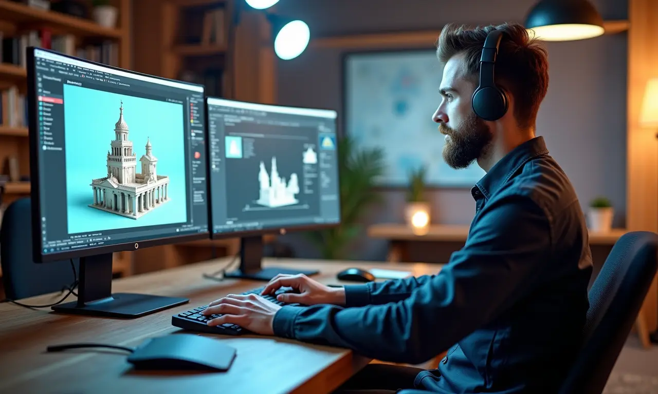 Designer usando software de modelagem 3D para criar um cenário virtual.