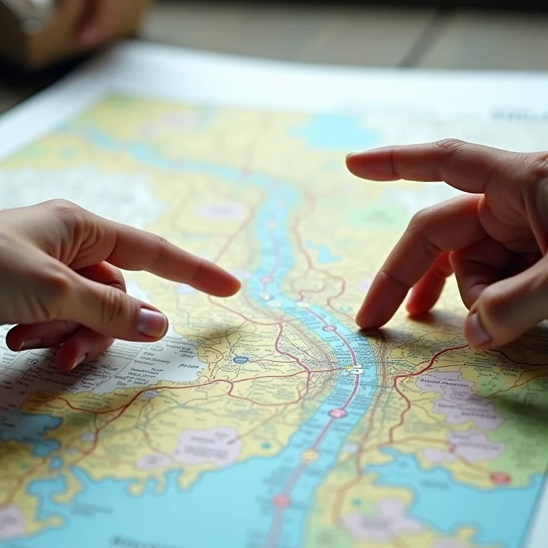 Detalhe das mãos apontando para a legenda de um mapa rodoviário