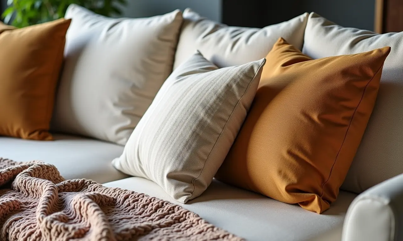 Detalhe de almofadas texturizadas e manta em sofá neutro.