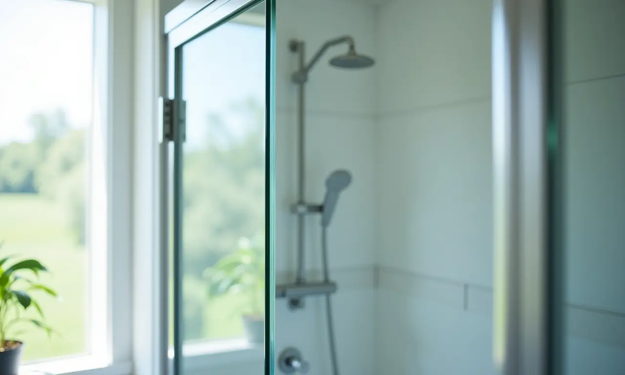 Detalhe de um box até o teto mostrando o painel de vidro sem emendas.