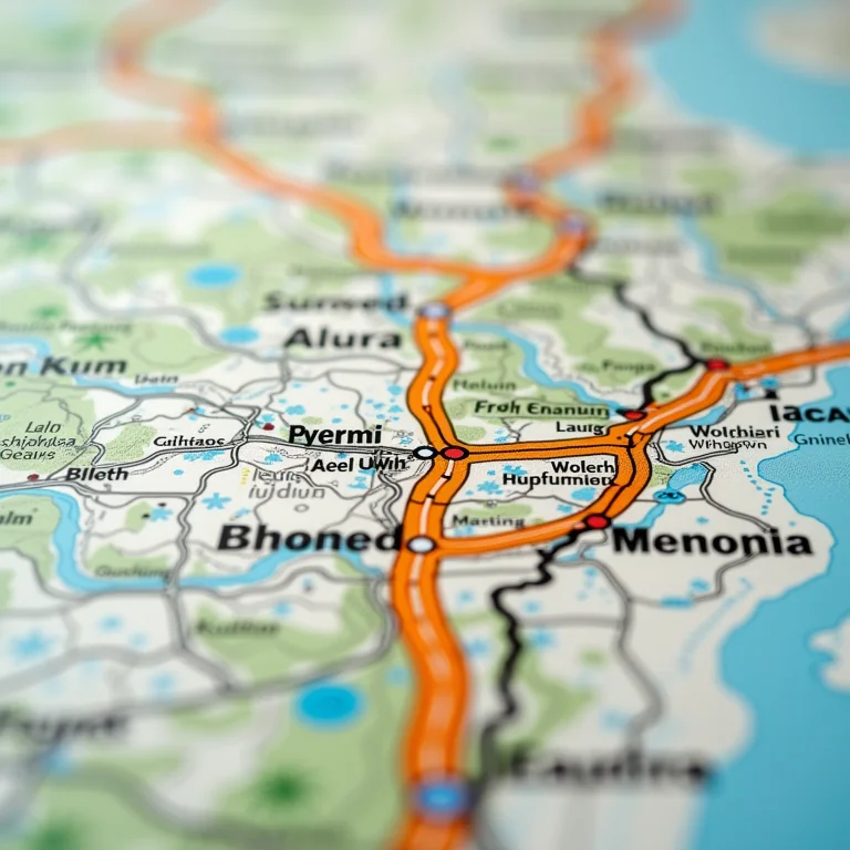 Detalhe de um mapa rodoviário com rotas e pontos turísticos destacados.