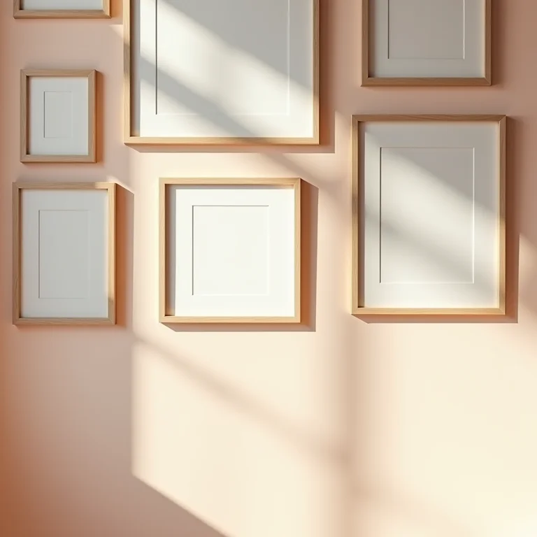 Detalhe de uma gallery wall com cores e molduras harmoniosas.