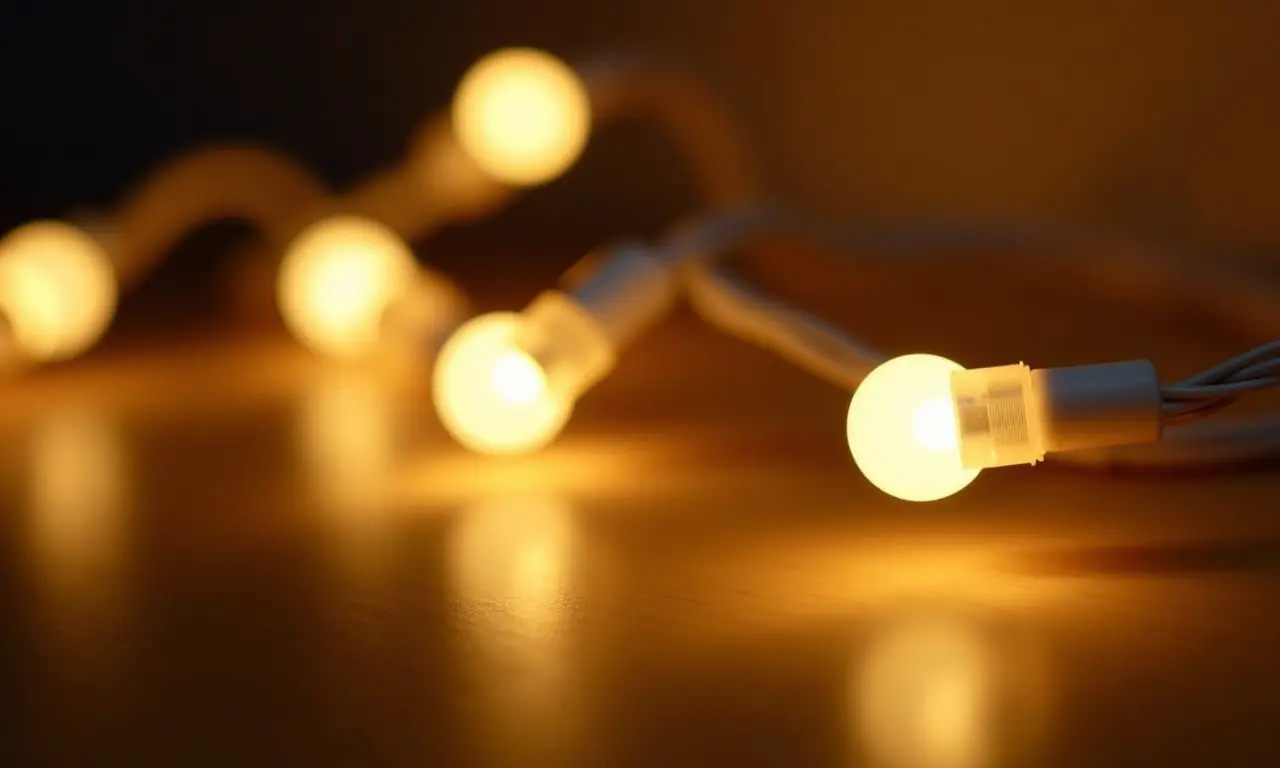 Detalhe de varal de luzes LED branco quente, destacando sua eficiência.