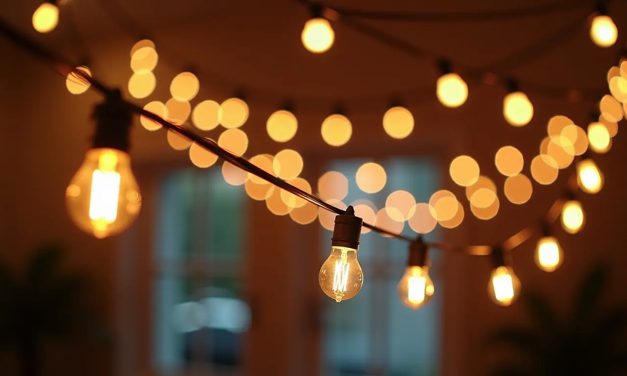 Detalhe de varal de luzes pendurado criativamente em ambiente interno.